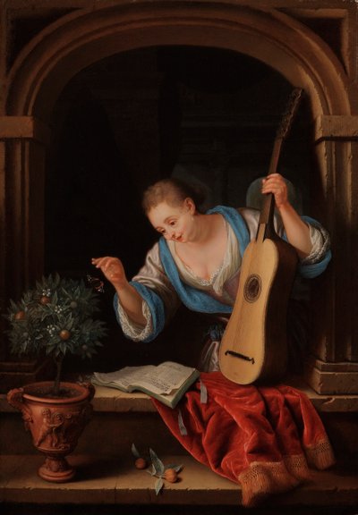 A young woman with a guitar in a window niche by Pieter Leermans